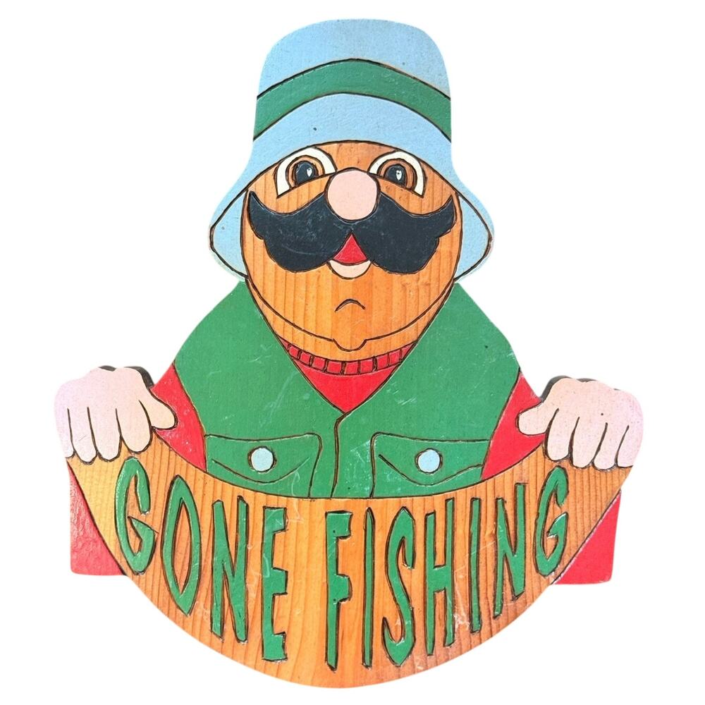 Vintage Gone Fishing Wooden Sign Hand Painted Fisherman Cabin Lodge Wall Plaque